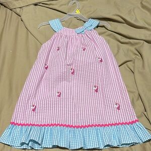 Emily Rose 5 sear sucker dress ruffled hemline pink white unicorn embroidery enc
